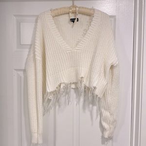 PLT cropped distressed white sweater - size Small